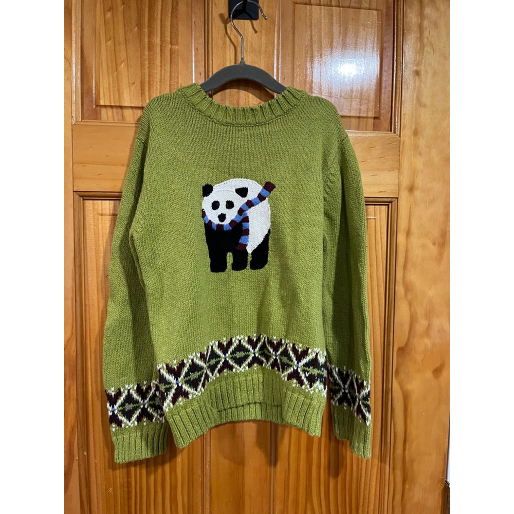Janie and Jack Unisex Green Knit Panda Aztec Cotton Pullover Sweater Size 6